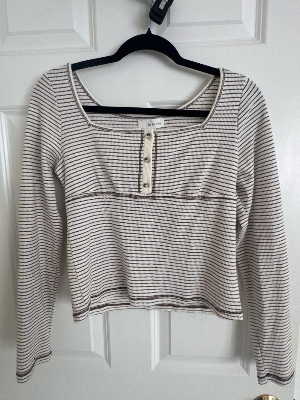 Cream & Brown Striped Long-Sleeve Henley Top